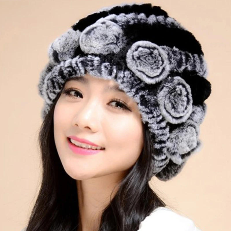 

Knitted Real REX rabbit fur hat top quality beanie hat with flower decoration headgear headdress head warmer 14602
