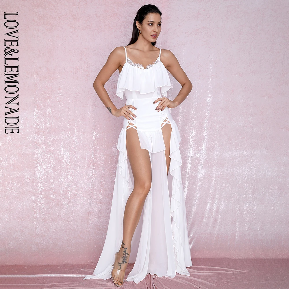 Женское пляжное платье Love&ampLemonade длинное белое кружевное шифоновое с разрезом