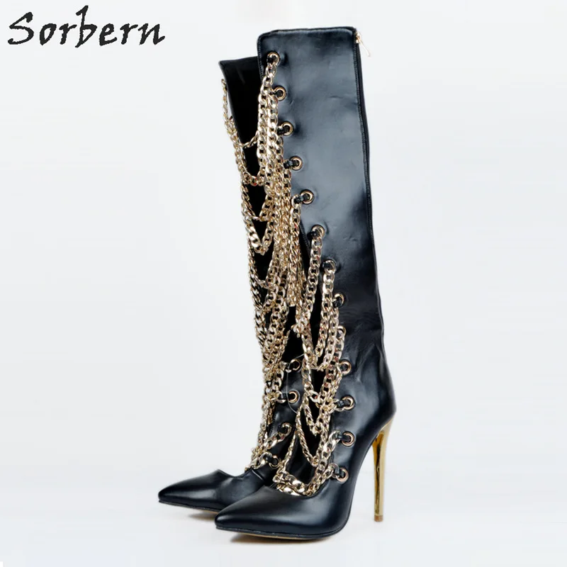 Модные черные женские ботинки на цепочке Botas De Mujer 2017 вечерние из искусственной