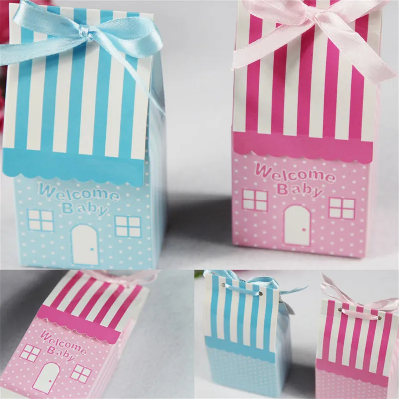 10 шт./лот симпатичная розовая коробка в полоску виде дома для свадьбы конфет с