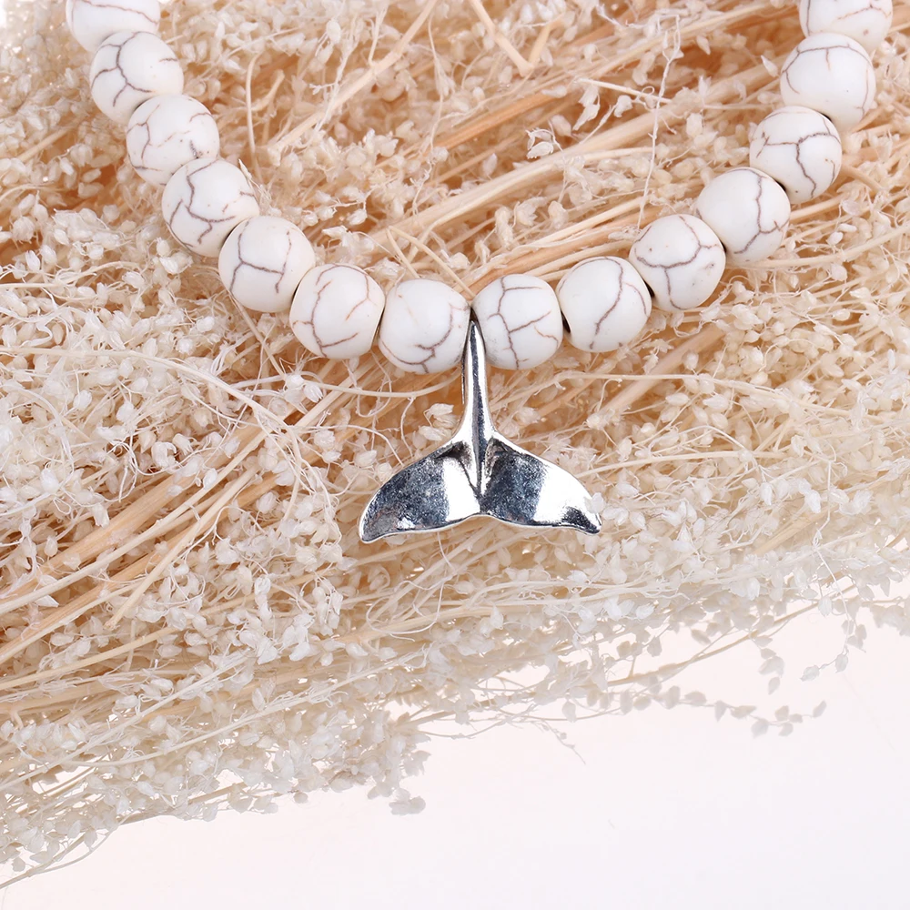 Натуральный белый Камни Браслеты круглый Бусины Silver-цвет рыбий хвост кулон Bohe