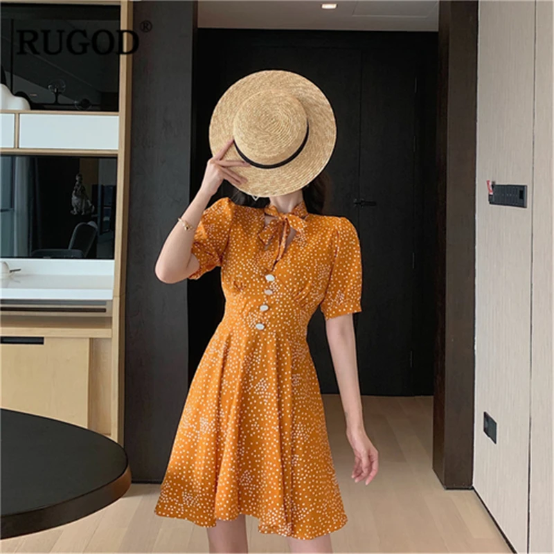 RUGOD 2019 New Summer Women Dot Mini Dress Strap V-neck Short Sleeves High Waist Slim A-line Vestidos Vintage Mujer Modis | Женская