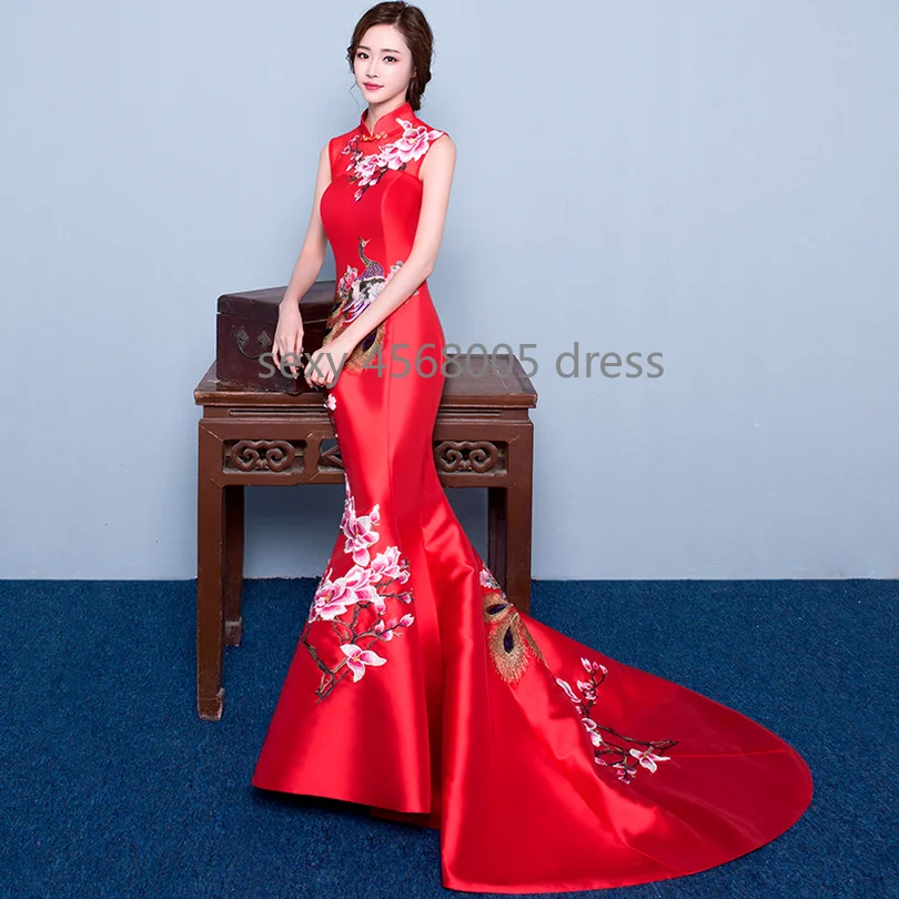 Красные свадебные кружевные традиционные платья для женщин cheongsam китайский