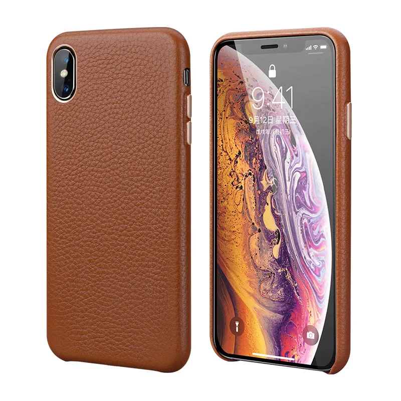 Роскошный металлический чехол с кнопкой громкости для iPhone XS MAX/X/XS/XR/7 8 Plus, винтажный тонкий мягкий чехол из натуральной кожи - Цвет: Коричневый