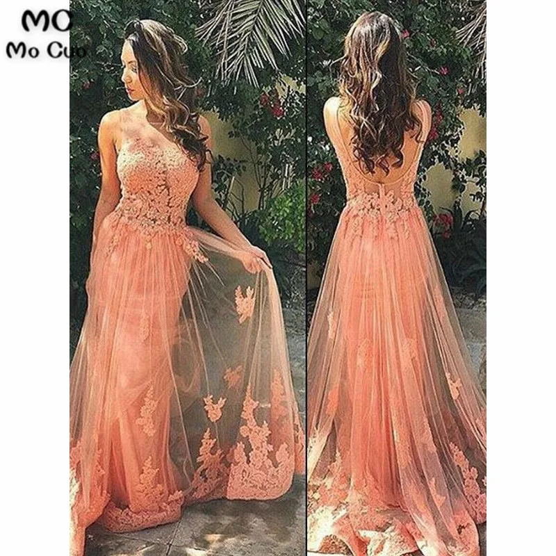 2019 Иллюзия вечерние платья с низким вырезом на спине длинные кружевной тюлевый