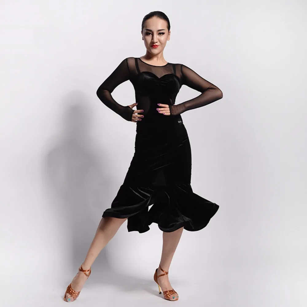 Женское платье для латиноамериканских танцев черное дизайнерская одежда