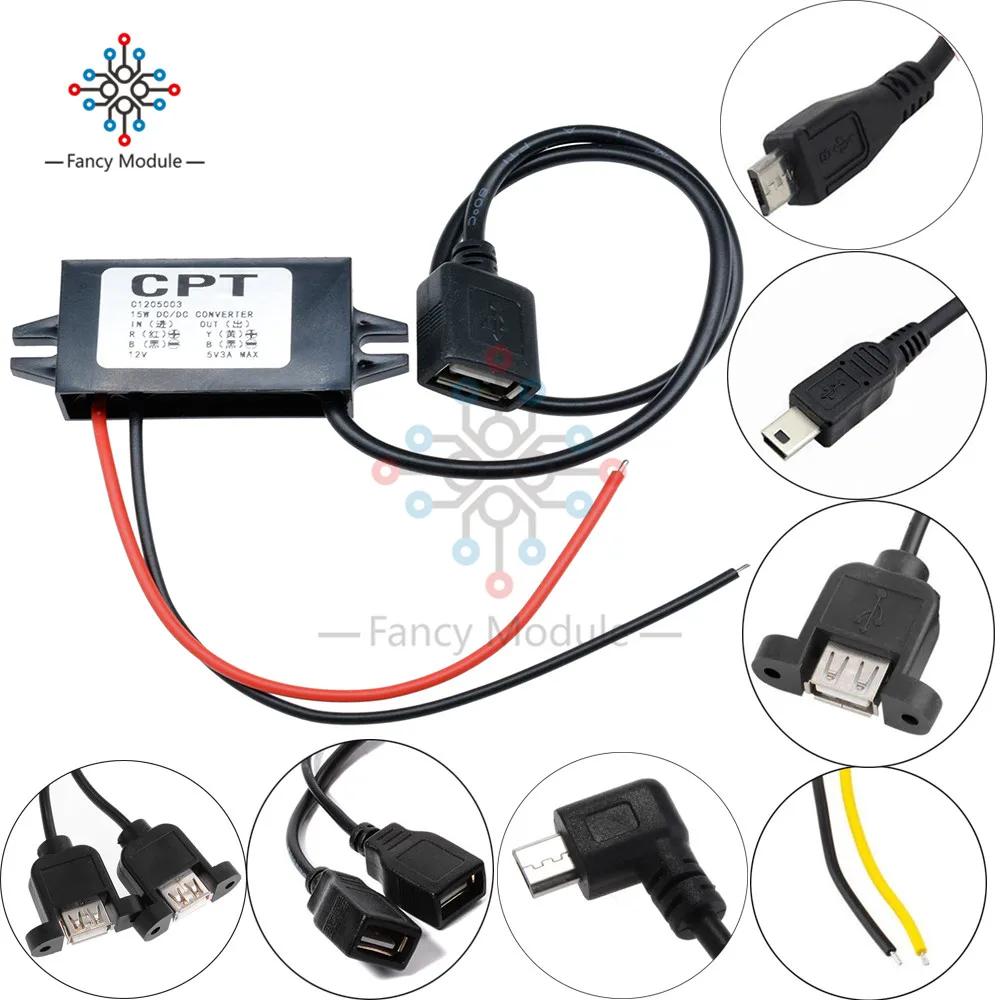 

DC-DC Car Power 12V to 5V 3A 15W Converter Module Micro USB Step Down Power Output Adapter 96% High Conversion Efficiency