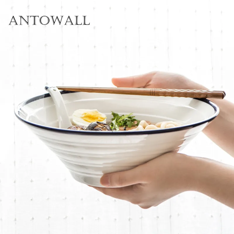 ANTOWALL керамическая посуда рисовая чаша ГОВЯЖЬЯ ramen чаша для дома отеля синяя сторона чисто белая нить миска для супа