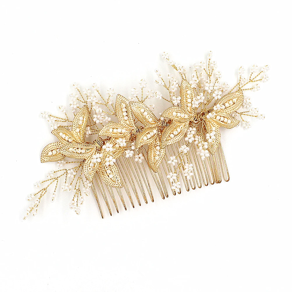 

Gold Leaf Bridal Headpiece With Comb Wedding Hair Accessories For Bride Combs Hair Jewelry Clip Bijoux Cheveux Novias WIGO1112