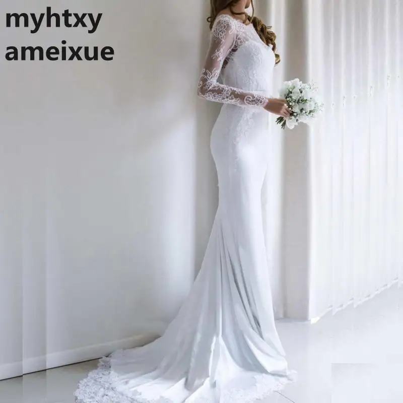 

Mermaid Cheap Wedding Dress With Long Sleeves 2020 Vestidos De Novia Vintage Lace Silky Satin Bridal Gown Backless Sweep Train