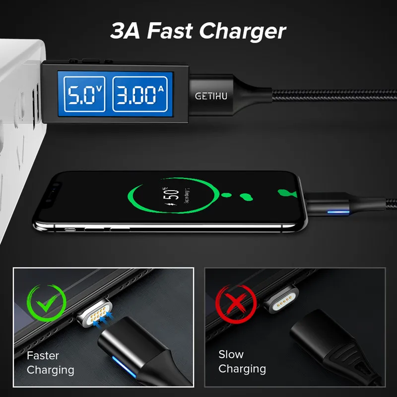 Магнитный кабель GETIHU 2 м 3A Micro USB Type C светодиодный магнитный для быстрой зарядки и