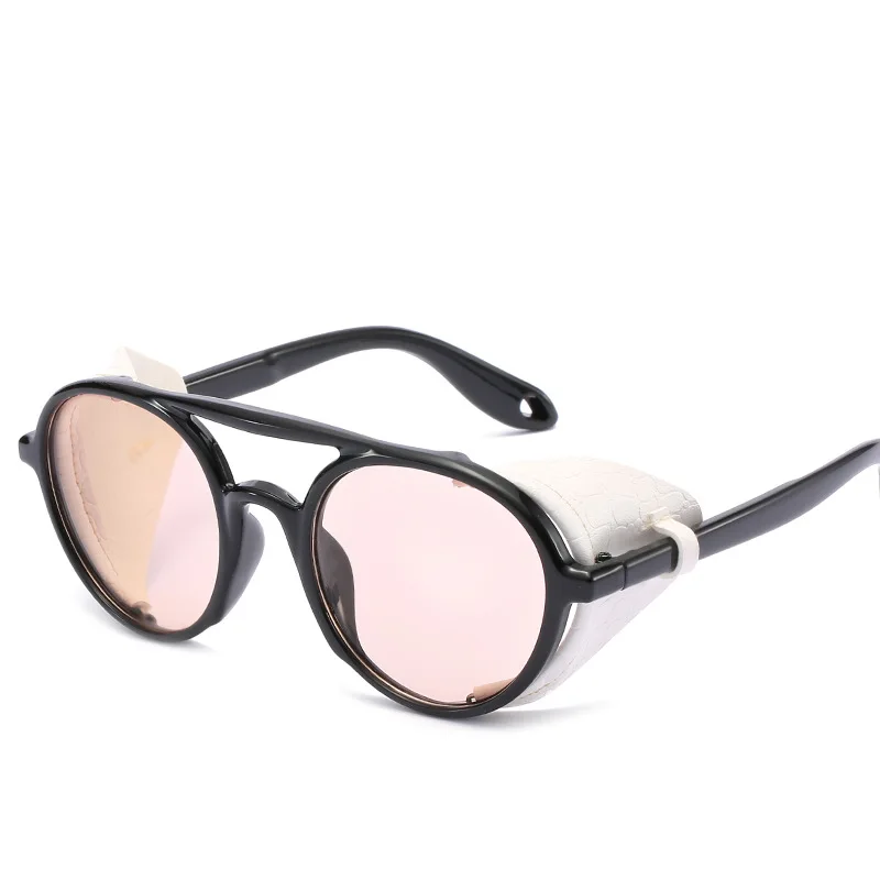 Vintage Steampunk Sunglasses Men Women Leather Round Sun Glasses Female Brand Designer Frame Glasses lunette de soleil - Цвет линз: Pink