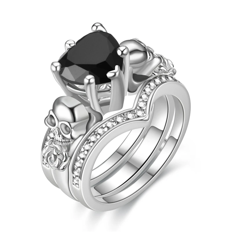 silver black Готический череп палец черный серебряный женские обручальные кольца набор для женщин девушка красное сердце кристалл CZ Роза ювелирные изделия подарок дропшиппинг - Цвет основного камня: silver black