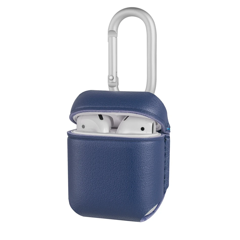 Blue Кожаный чехол для AirPods, Bluetooth, Беспроводная зарядка для наушников, коробка для Apple Airpods, 1/2 натуральная кожа, чехол с карабином - Цвет: Blue