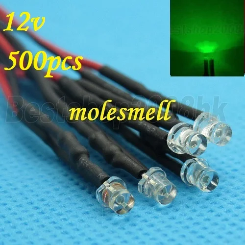 Free shipping 500pcs 3mm 12v Flat Top Green LED Lamp Light Set Pre-Wired 3mm 12V DC Wired 3mm big/wide angle green 12v led