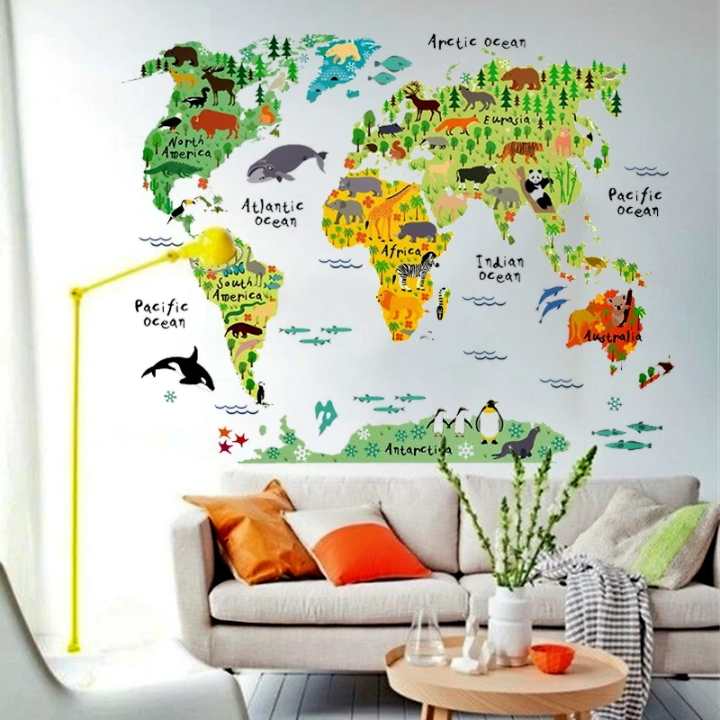 

colorful animal world map wall stickers for kids rooms living room home decor cartoon pvc wall decals diy mural art art poster