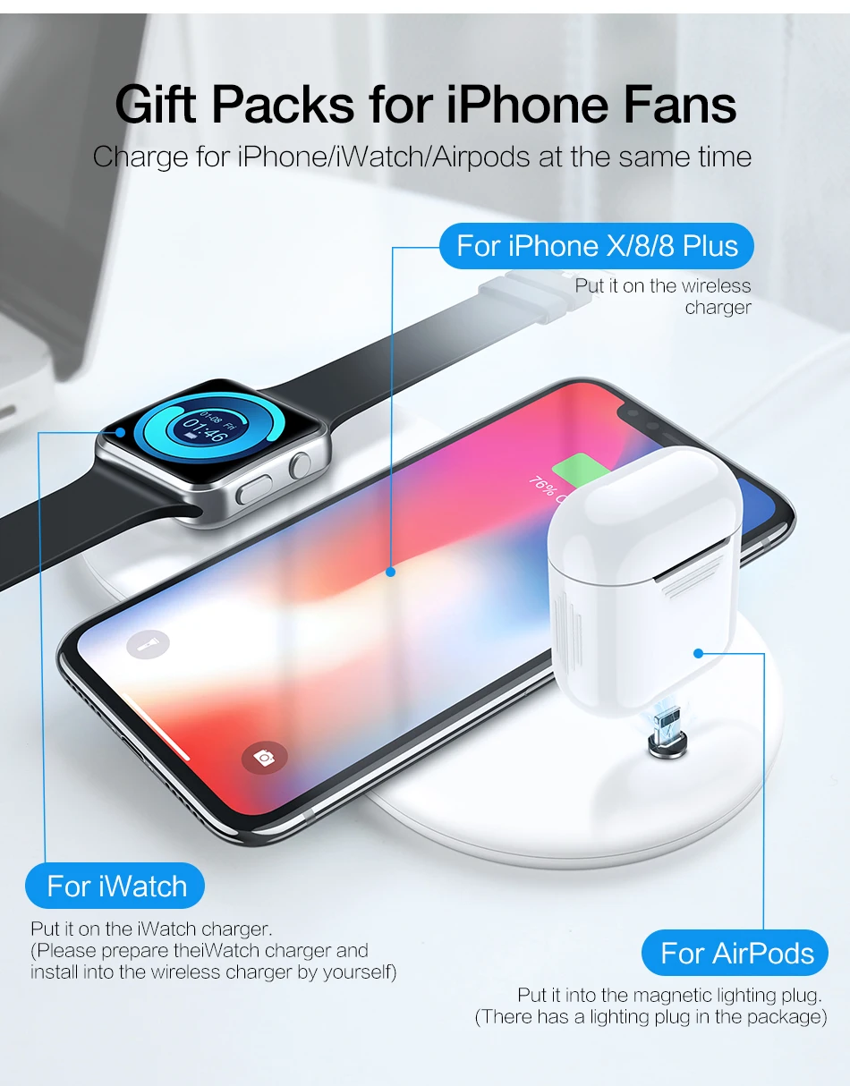 RAXFLY 3 в 1 Беспроводное зарядное устройство для Apple iPhone 8 X Xr XS Max Watch зарядное устройство для мобильного телефона AirPods быстрое зарядное устройство USB адаптер беспроводная зарядка для iphone xs 8 plus