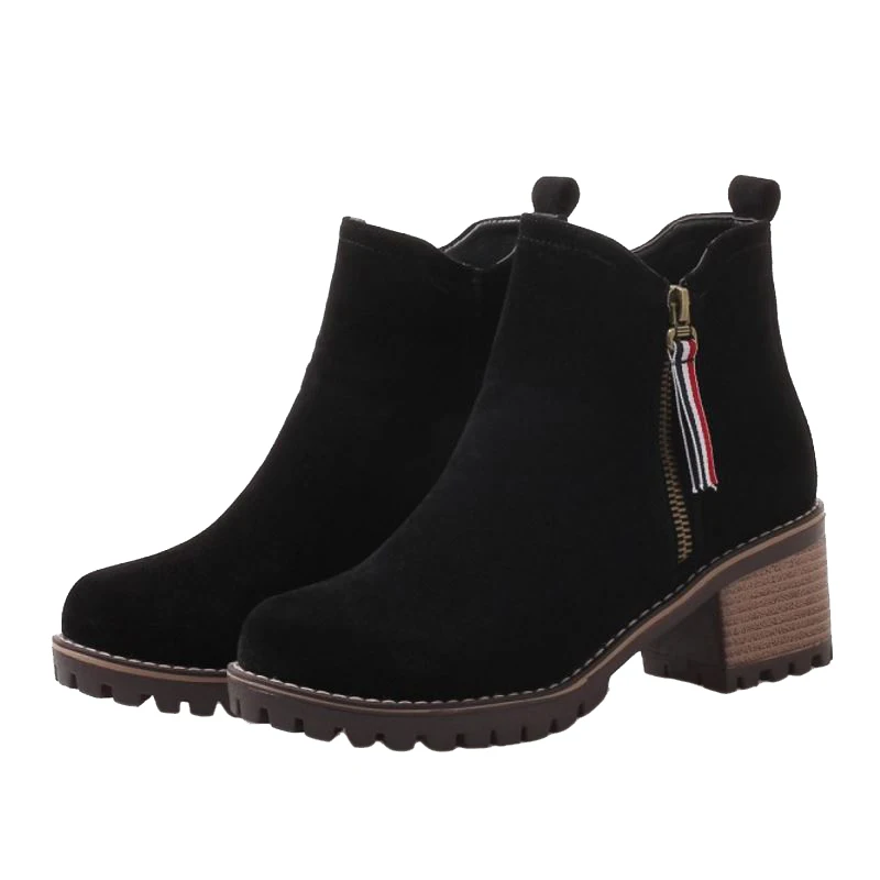 SJJH Женские ботинки Мартин с круглый носок коренастый Zip Faux Suede зима Короткие