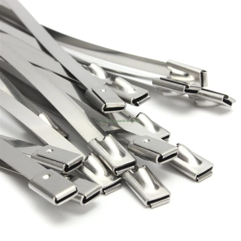 100Pcs 4.6mm x 300mm Stainless Steel Metal Cable Zip Tie Strap Locking Exhaust Pipe Header |