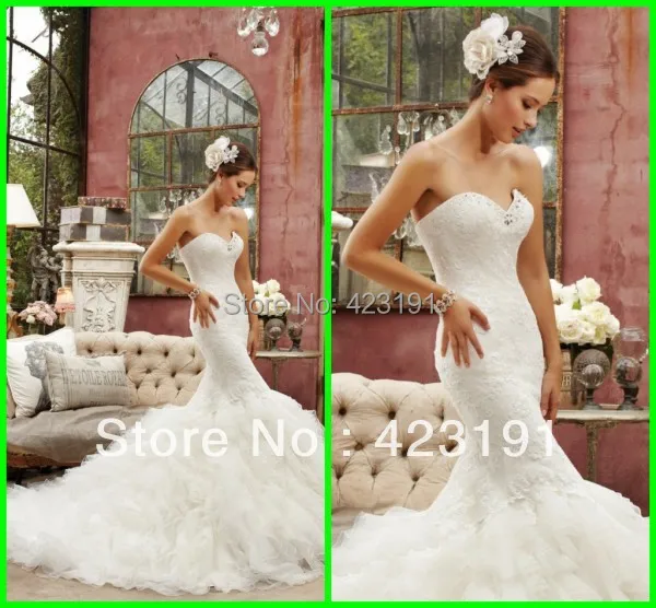 Unique Design Modern Mermaid Trumpet Sweetheart Floor length Court Train AppliquesRuffles Organza Wedding Dresses H226 | Свадьбы и