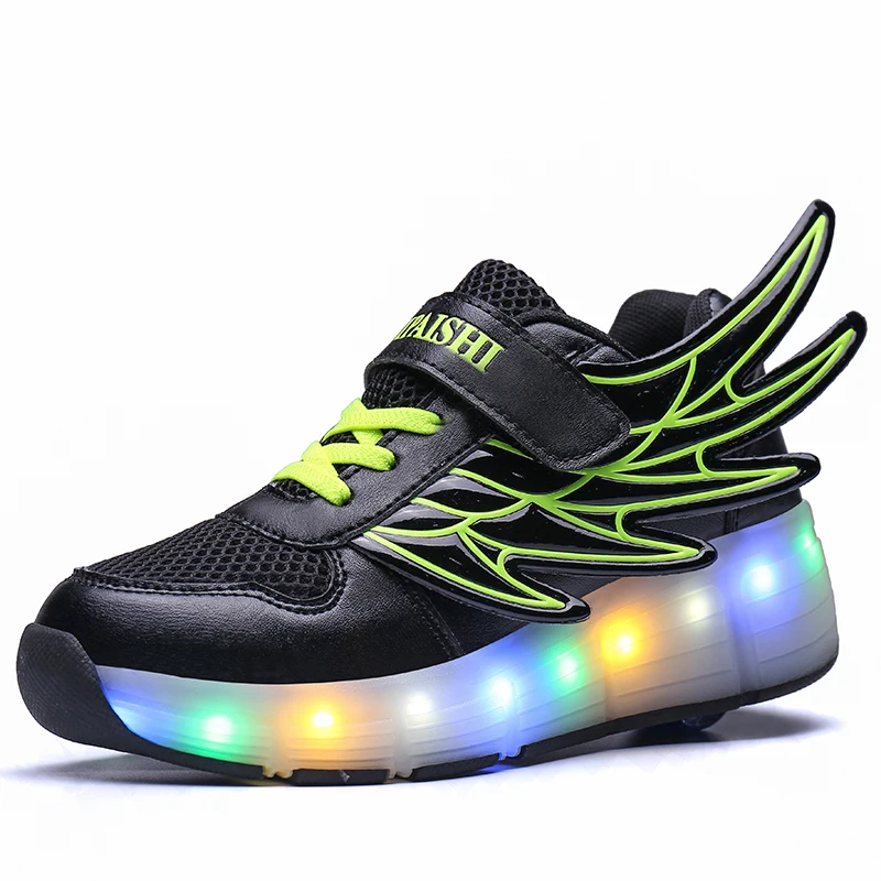 

2020 Green USB Charging Fashion Girls Boys LED Light Roller Skate Shoes For Children Kids Sneakers With Wheels One wheels