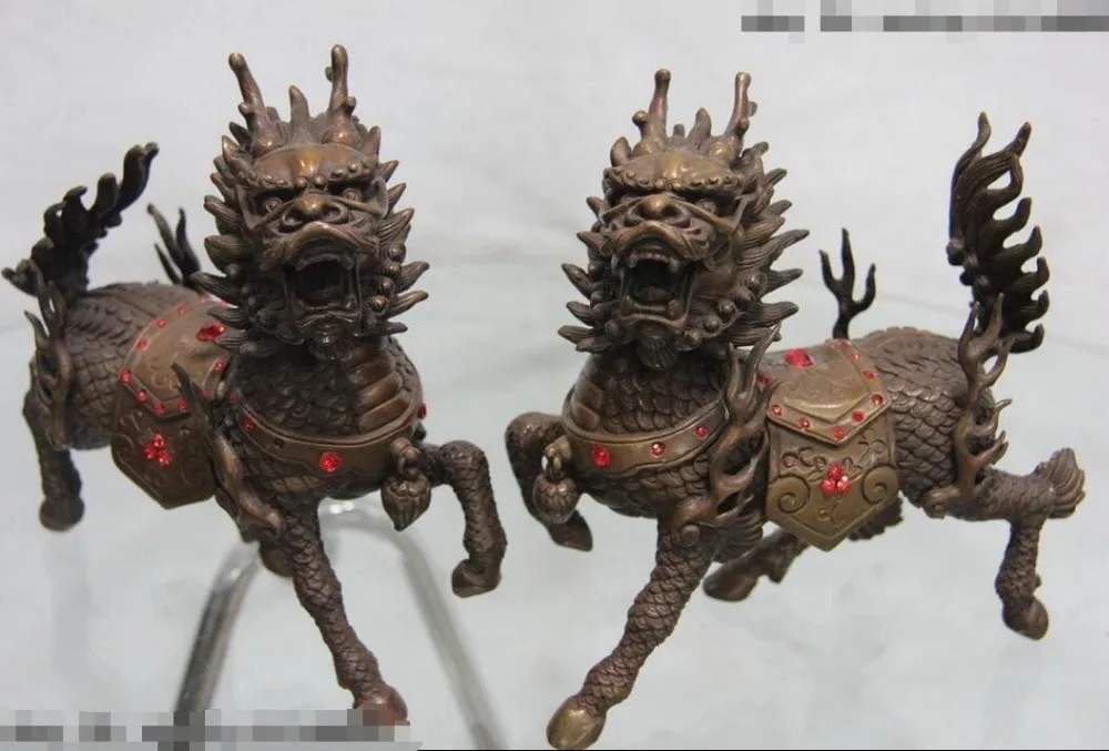 Фиолетовый медный фэн-шуй злой Foo Dogs Лев Дракон Кирин Килин Статуя Пара | Дом и сад