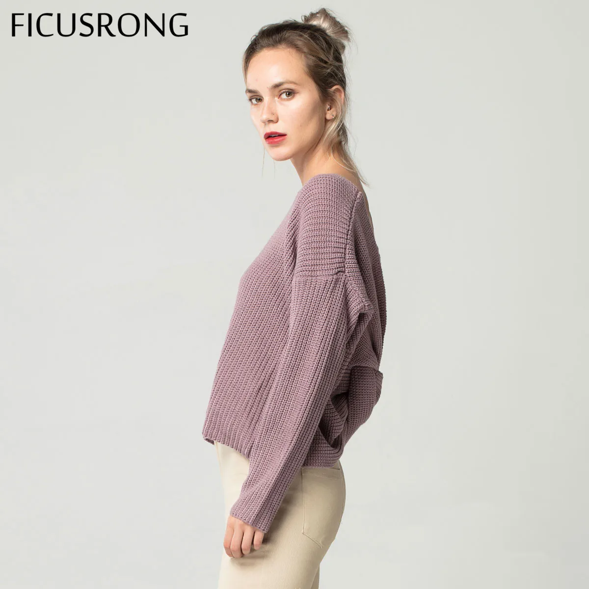 2019 V Neck Twisted Back Sweater Women Jumpers Autumn Pullovers Casual Tops Long Sleeve Knitted Sweaters pull femme FICUSRONG | Женская