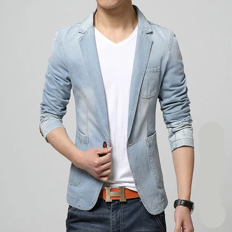 

New Mens Fashion Brand Blazer British 'S Style Casual Slim Fit Suit Jacket Male Blazers Autumn Denim Blazer For Men Plus Size