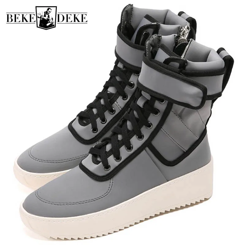 

Street Style Silver Leather High-Top Shoes Men Platform Side Zipper Fashion Ankle Boots High Street Military Shoes Plus Size 46