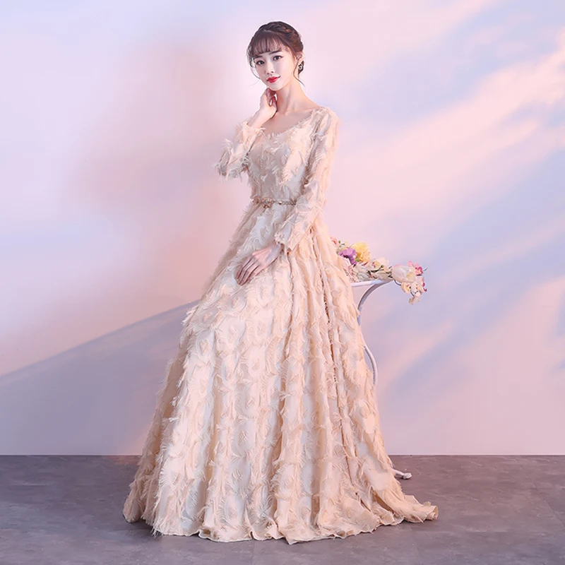 Женское платье с длинным рукавом вечернее в пол из тюля перьями|evening dress|evening dresses