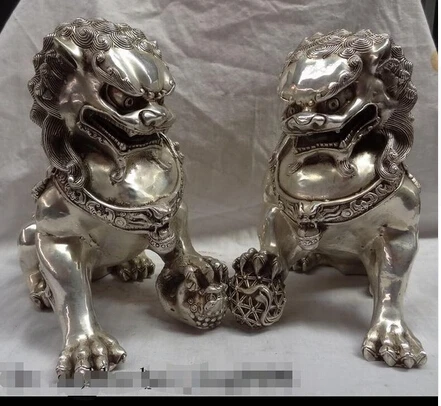 Copper Brass CHINESE crafts decor ation Asian Wan6710964 + prata riqueza Foo Dog bola de Bronze Statue par | Дом и сад