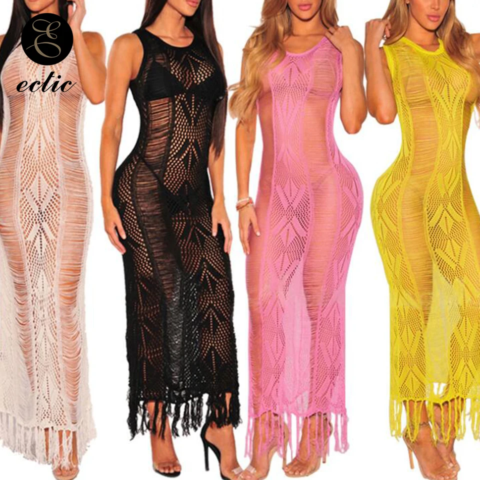 

See Through Clothing Mesh Robe Femme Ete 2021 Sukienka Yellow Fringe Dress Transparent Lace Sleeveless Long Evening Women Dress