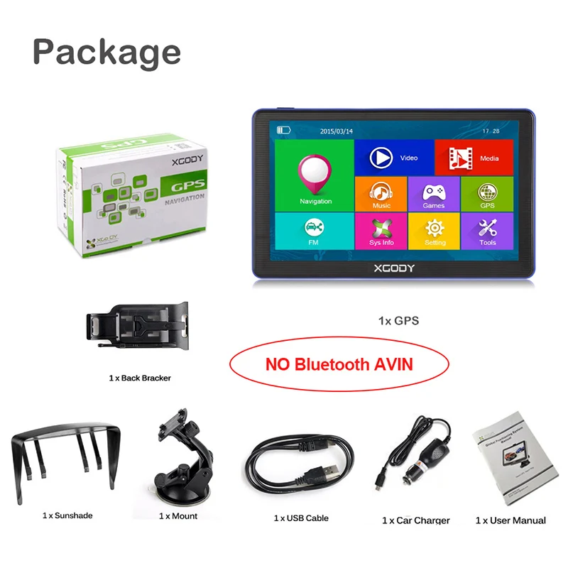 No Bluetooth AVIN XGODY 886, 7 дюймов, 256 м+ 8 г, Bluetooth, AV-IN, для автомобиля, грузовика, gps навигация, ёмкостный экран, FM навигатор, камера заднего вида, Карта Европы - Размер экрана, дюймов: No Bluetooth AVIN