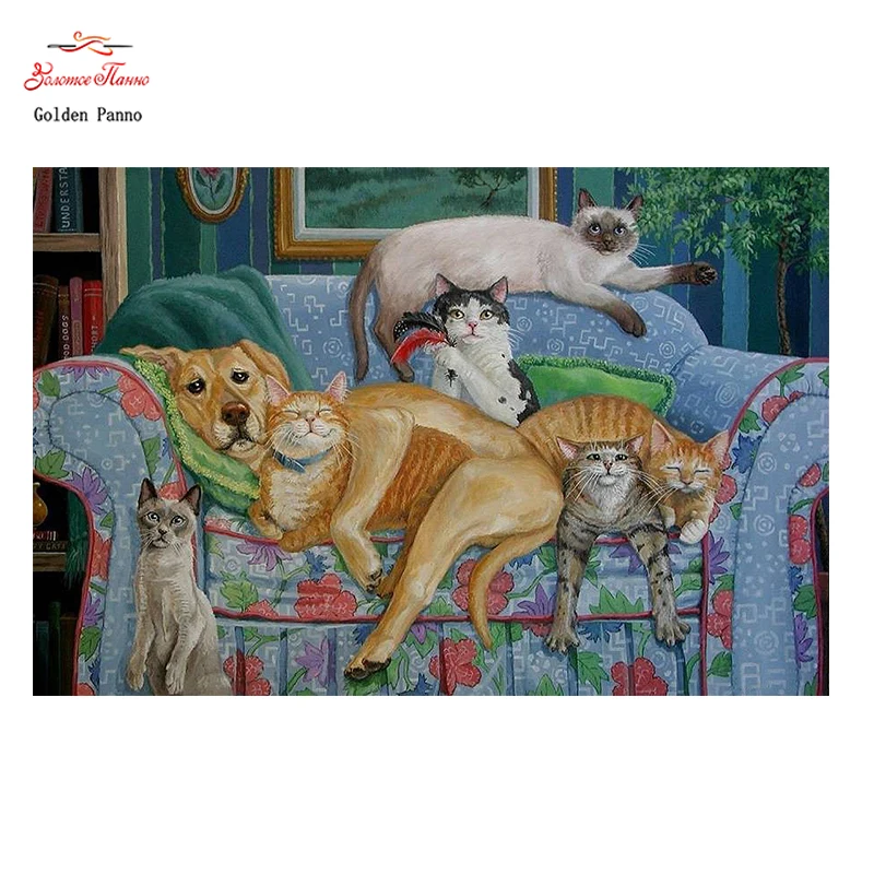 Golden Panno DIY DMC 11CT 14CT completely Cross stitch Dog and cats kits embroidery needlework sets wall decoration 07  Дом и