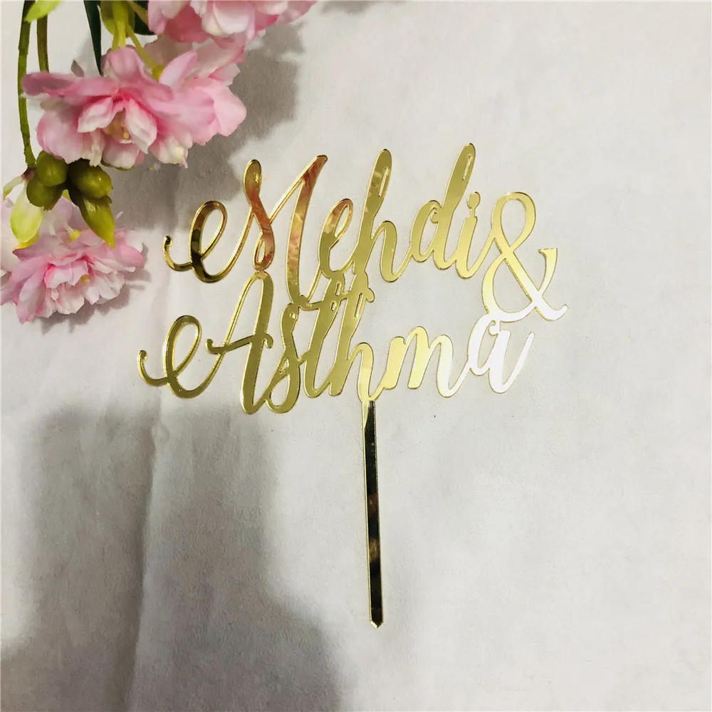 Персонализированные Свадебный торт Топпер зеркало золото/серебро украшения для