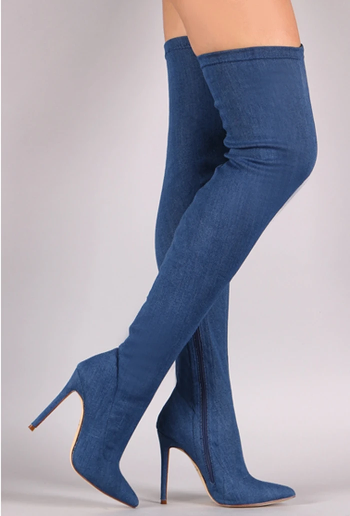 hot selling denim blue stretch fabric thigh high boots sexy pointed toe high heel boots for woman thin heel long boots 35-42