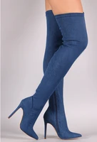hot selling denim blue stretch fabric thigh high boots sexy pointed toe high heel boots for woman thin heel long boots 35 42