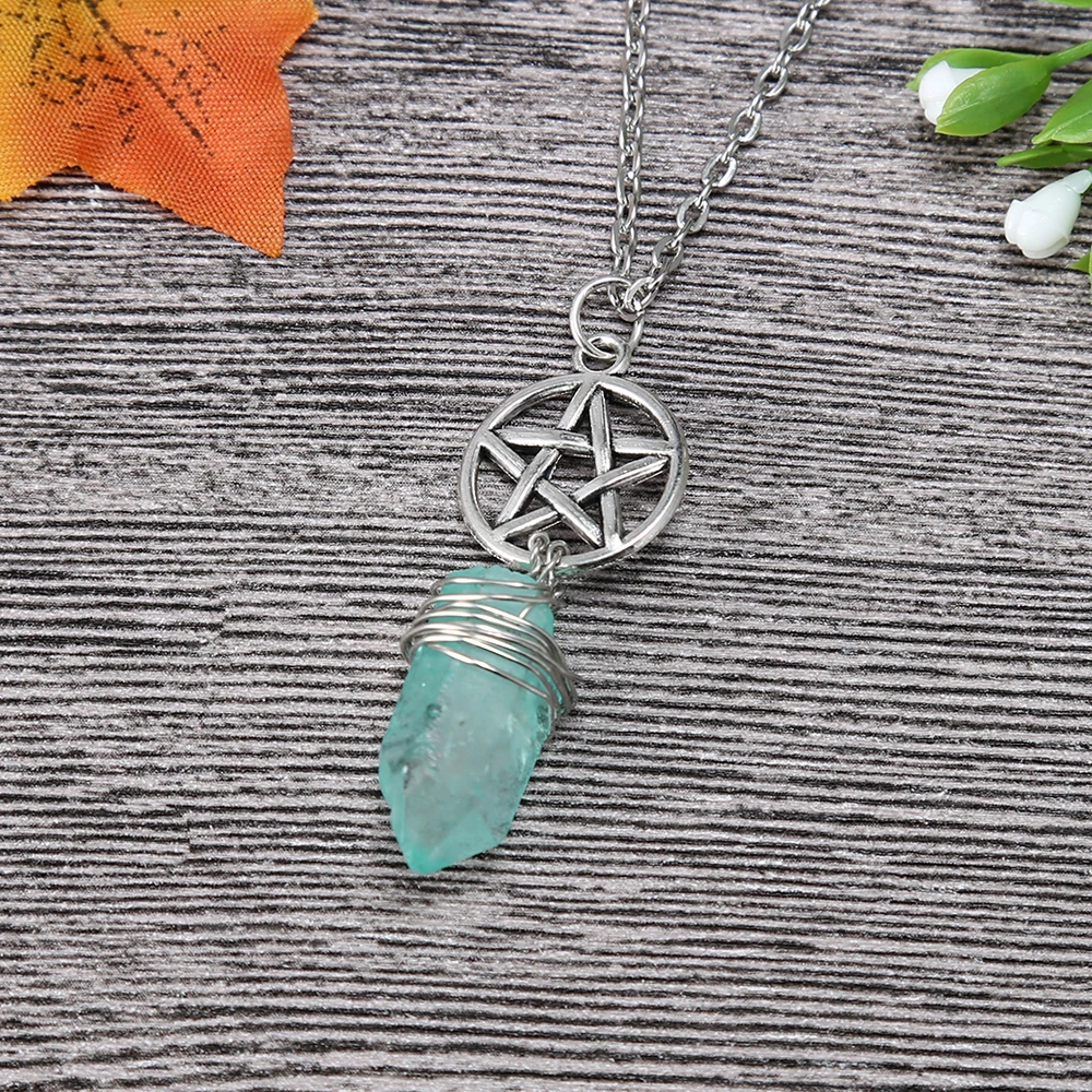 Аура Аквамарин Quartz Wicca Charm подвеска ожерелье грубый камень сырой Кристалл
