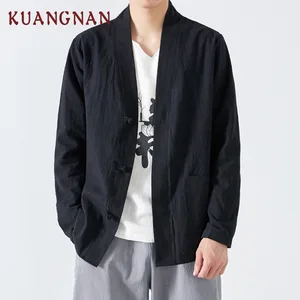 KUANGNAN, Однотонная рубашка-кимоно в китайском стиле, Мужская Черная Рубашка-кимоно с длинным рукавом, мужская Японская уличная одежда, мужская рубашка-кимоно, новинка 2018