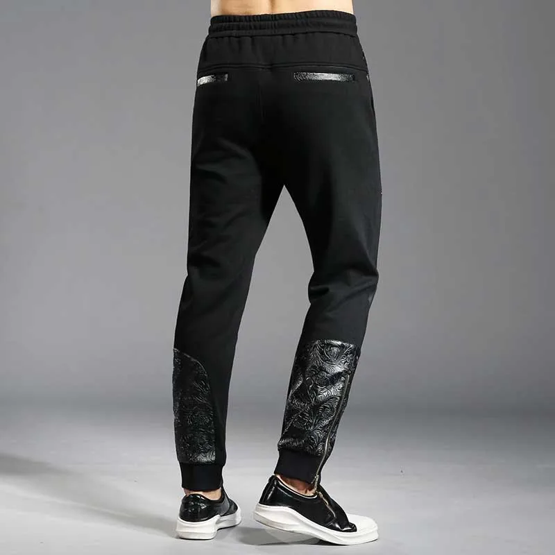 Осень лоскутное ПУ Printed Joggers Штаны нога молния Для мужчин Повседневное Slim Fit