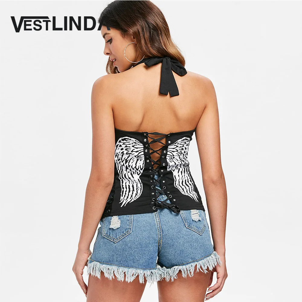 Женские летние топы VESTLINDA с принтом крыльев и открытой спинкой уличная одежда
