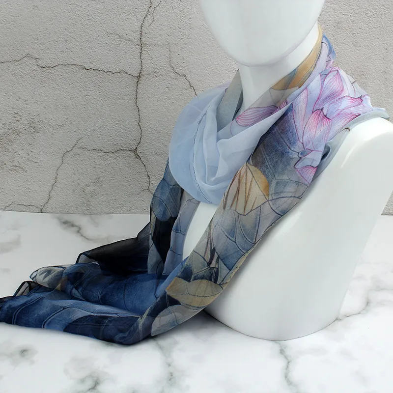 Silk Scarf Women'S Elegant Long Floral Printing Chiffon Beach Thin Shawl Wrap Green | Аксессуары для одежды