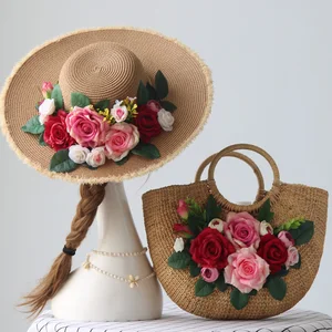 Original handmade straw bag rose hat travel vacation simulation Flower handbag women's bag Set