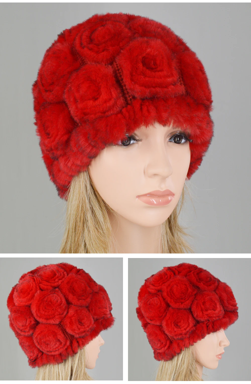 Новинка, женская шапка Skullies, настоящий мех кролика, зимняя, цветочный мех кролика Рекс, шапочки, шапка для девочек, цветы, шапки из меха кролика рекс