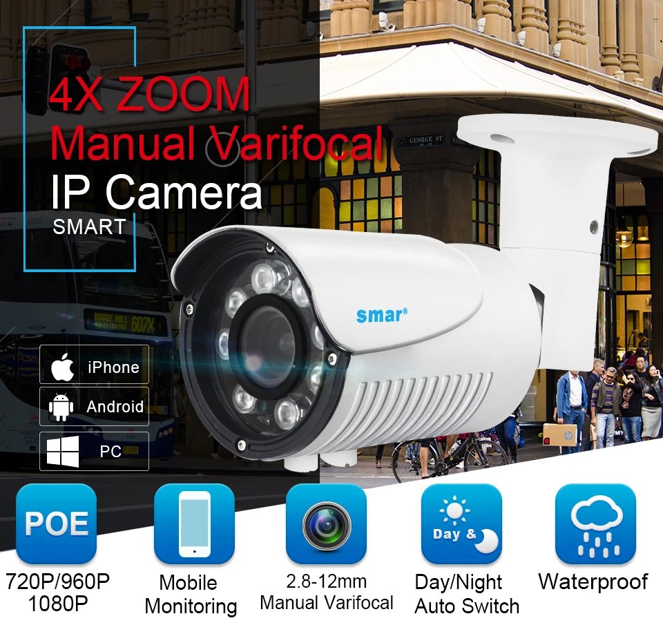 48 В POE IP камера HD 720P 960P 1080P наружная Водонепроницаемая Встроенная 4X зум 2,8-12 мм ручной объектив с переменным фокусным расстоянием сетевая цилиндрическая камера
