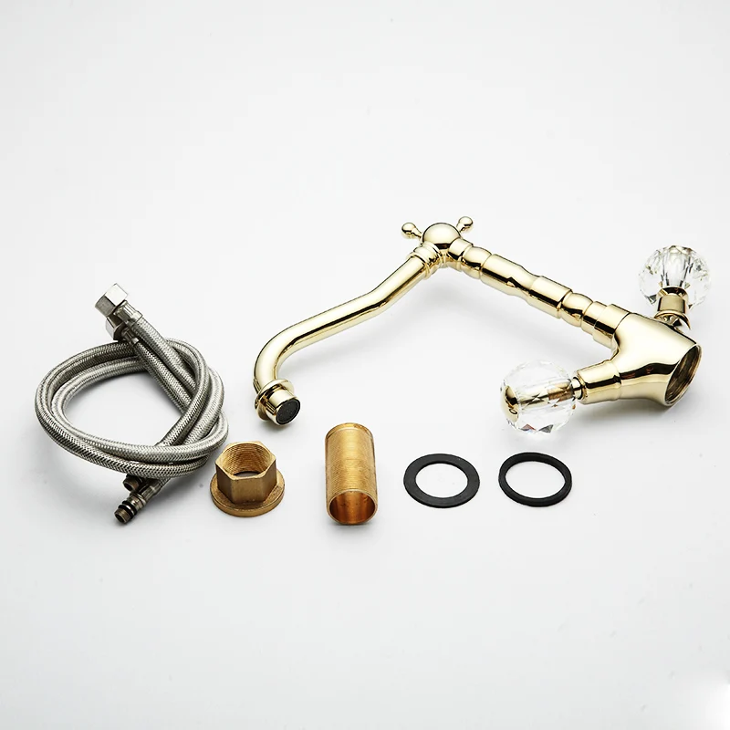 

Fapully Gold Basin Faucet Bathroom Deck Mounted Double Handle Gold Plated Tall High Bathroom Sink Faucet