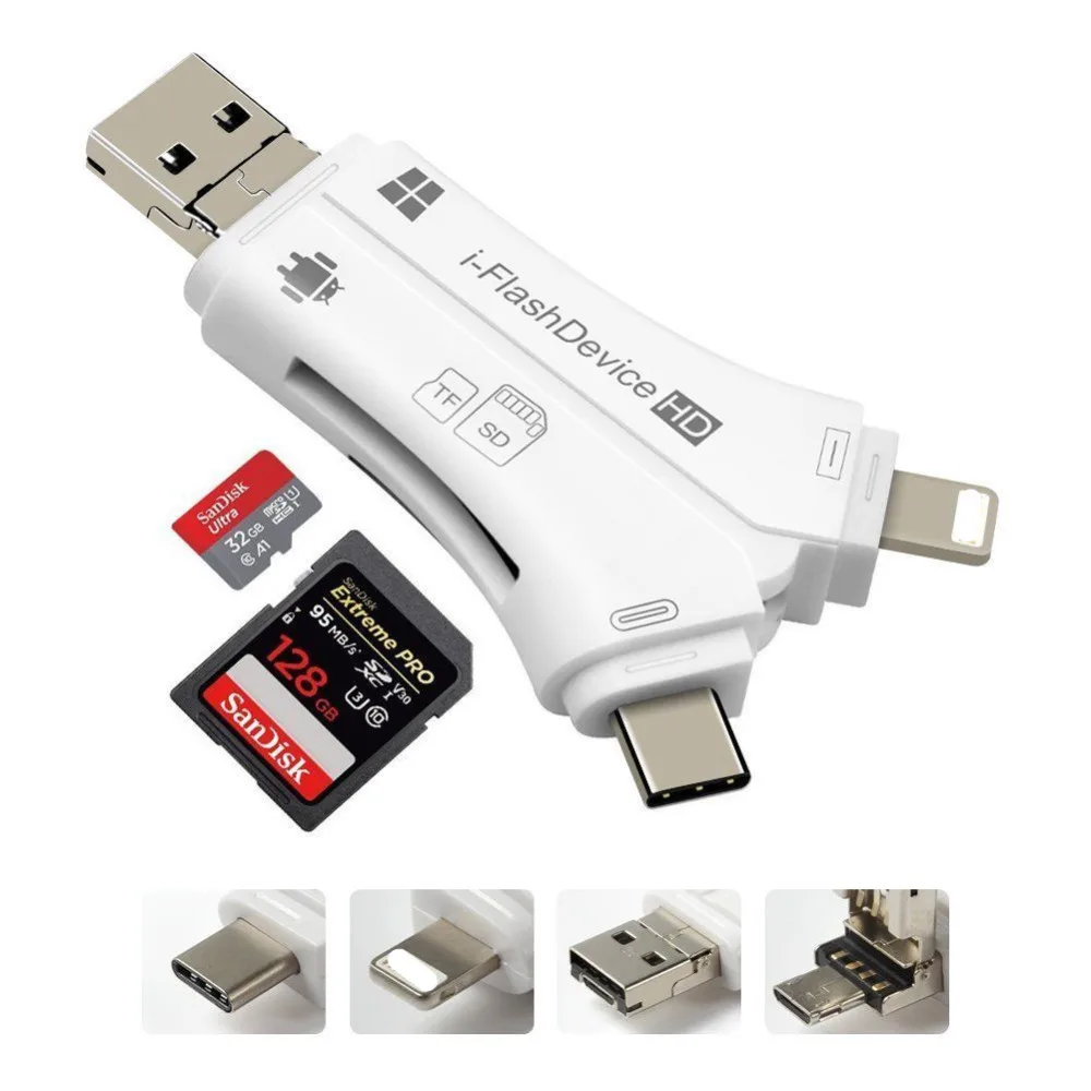 Type C Lightning Micro SD Card Reader 4in1 OTG Flash Memory TF For iPhone iPad MacBook USB Adapter | Компьютеры и офис