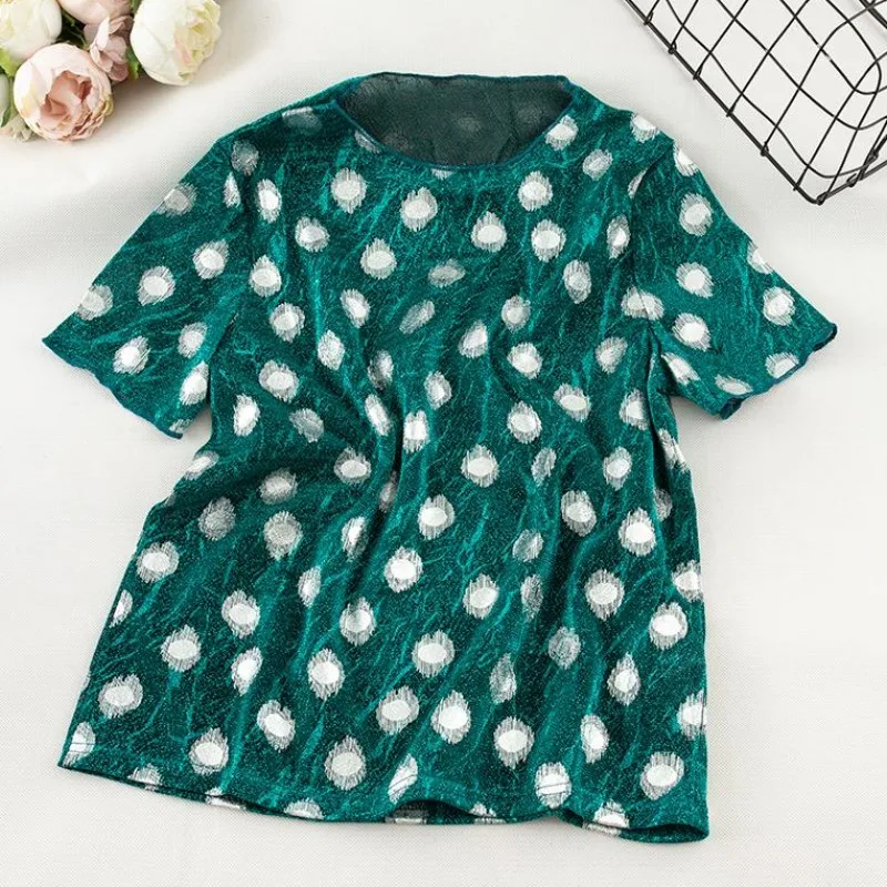 Женская Блестящая шелковая футболка с коротким рукавом и круглым воротником