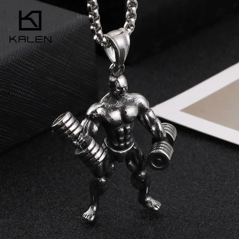 KALEN хип-хоп фигура мышцы Мужская подвеска для мужчин нержавеющая сталь серебро золото гантели тренажерный зал Ожерелье «Фитнес» спортивные ювелирные изделия - Окраска металла: Silver