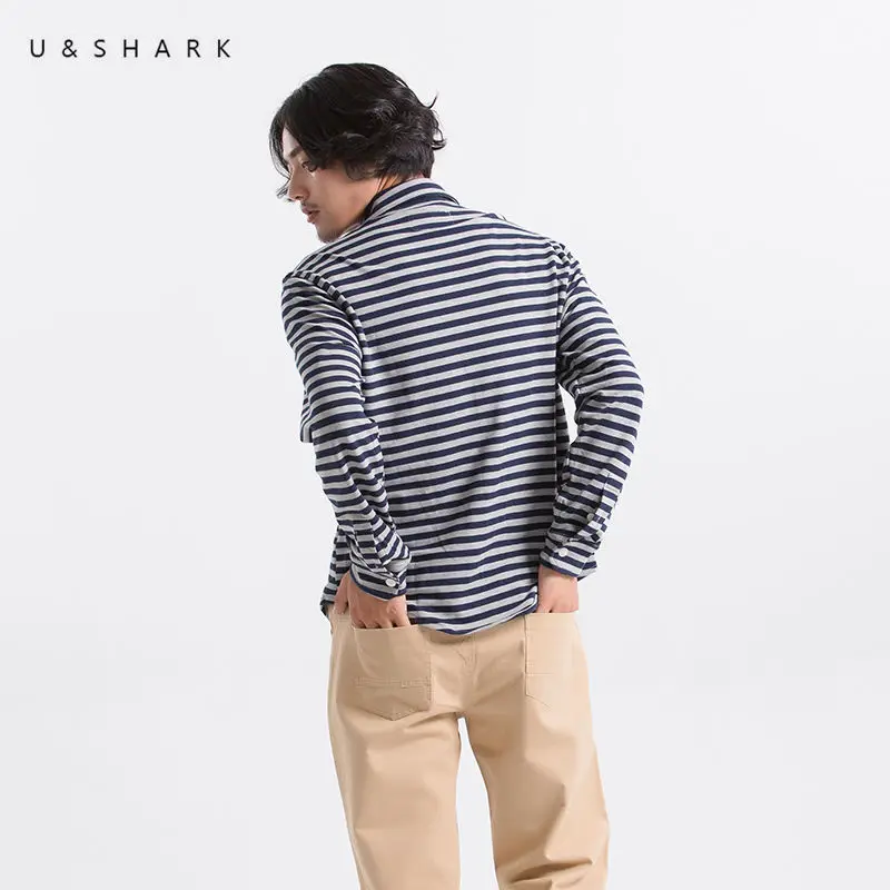 U &amp SHARK синяя рубашка в полоску для мужчин с длинным рукавом Япония Стиль